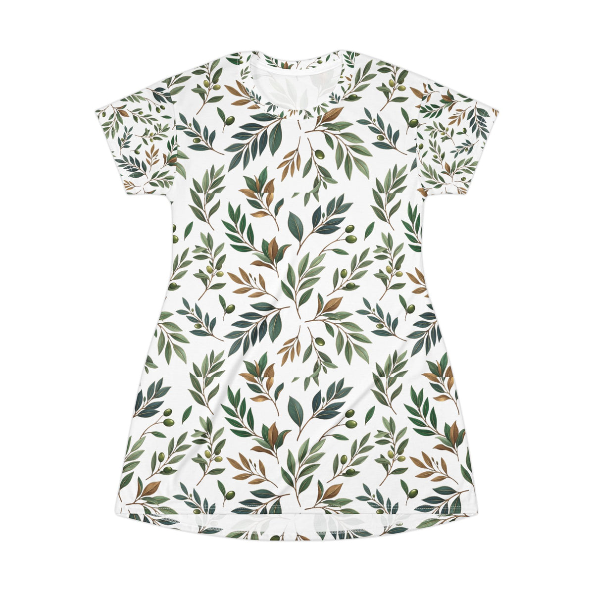 Botanical Leaf T-Shirt Dress — All-Over Print Floral Summer Dress