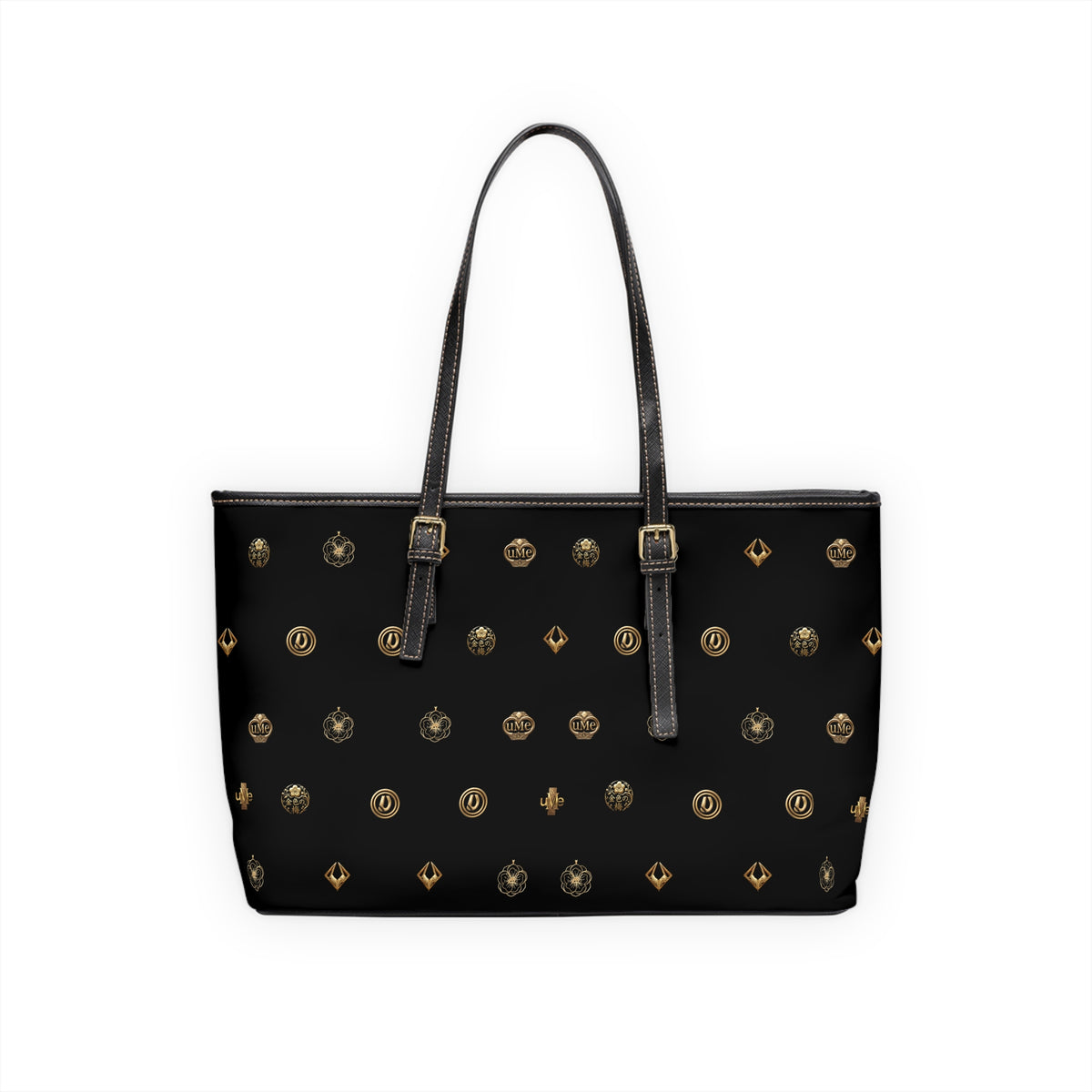 Black Monogram PU Leather Shoulder Bag — Gold Emblem Print Luxe Tote