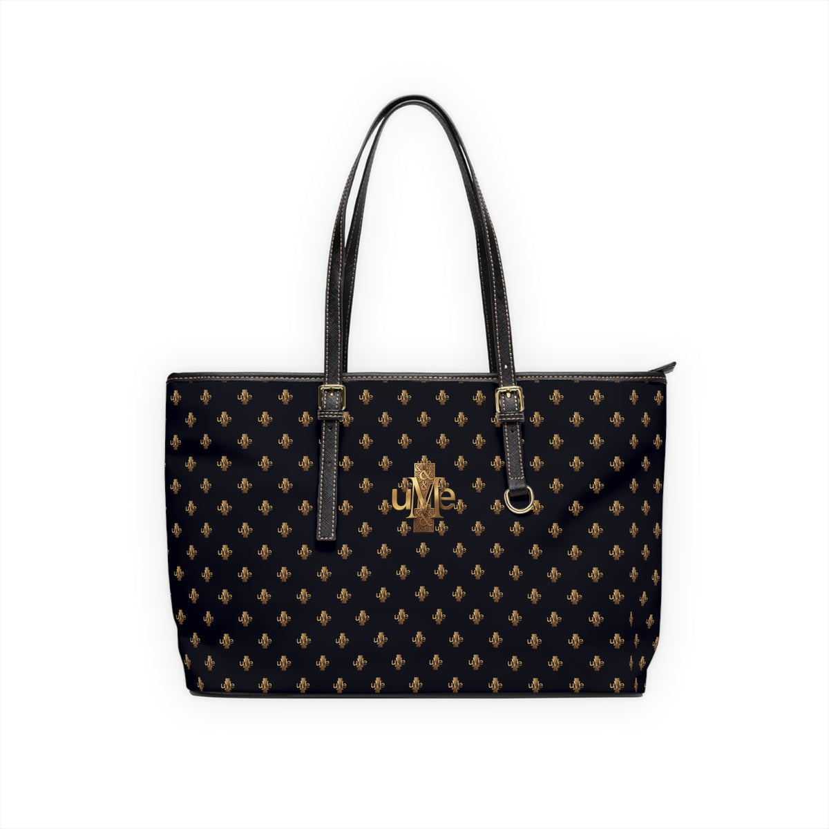 Black PU Leather Shoulder Tote — Gold uMe Cross Logo Handbag