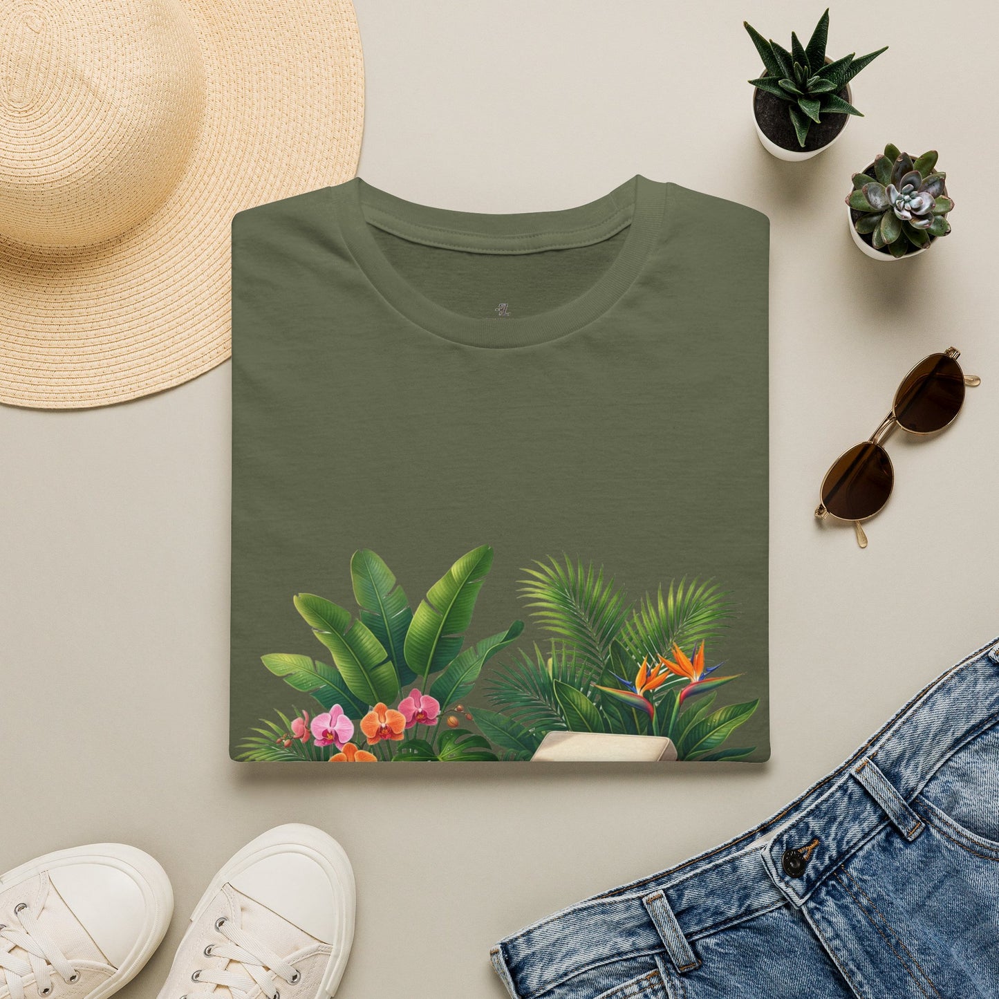 Tropical Lounge T-Shirt — Cozy Chair & Palm Floral Graphic Tee