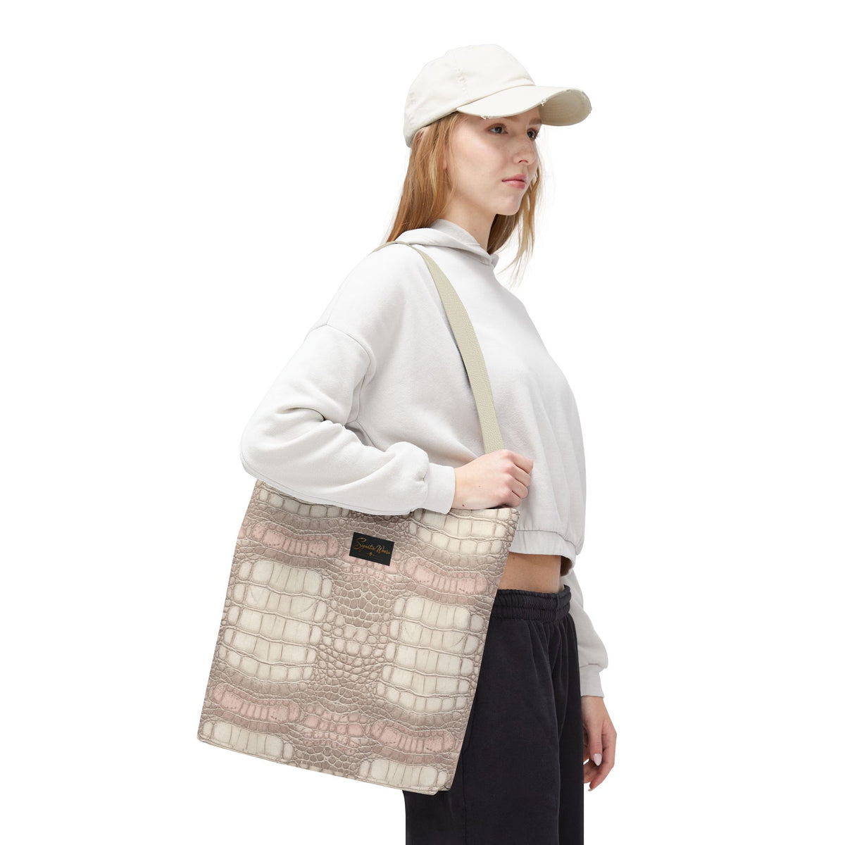 Croc Emboss Tote Bag — Blush Pink Crocodile Texture AOP Tote