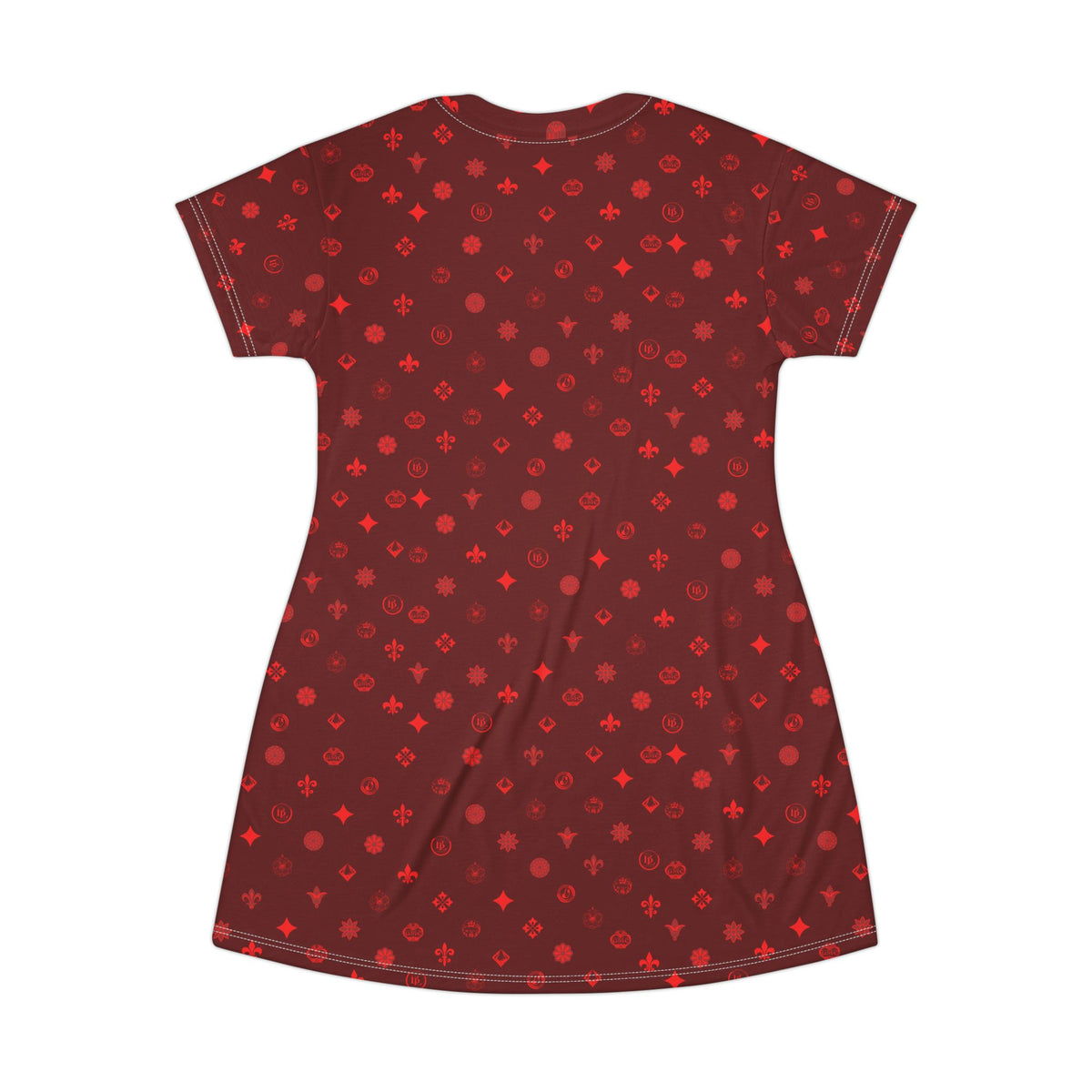 T-Shirt Dress — Burgundy Red Ornamental Motif All-Over Print