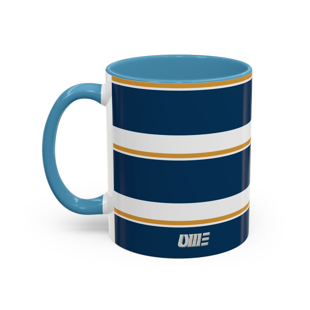 Navy and Gold Striped Accent Mug — White Ceramic