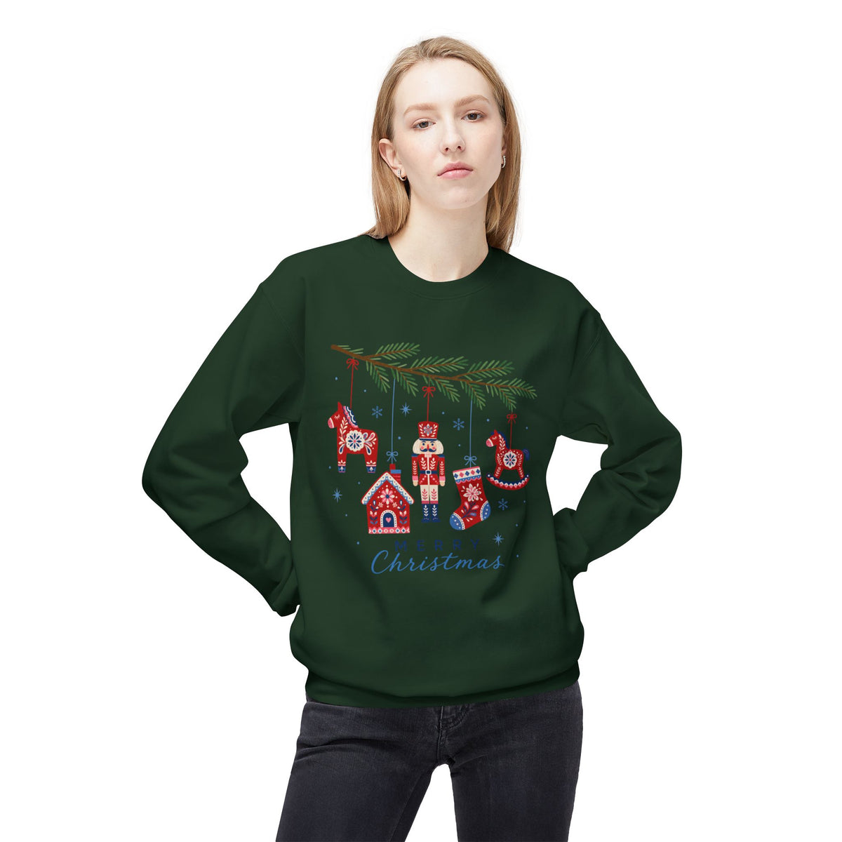 Merry Christmas Scandinavian Folk Art Crewneck Sweatshirt — White, Red & More