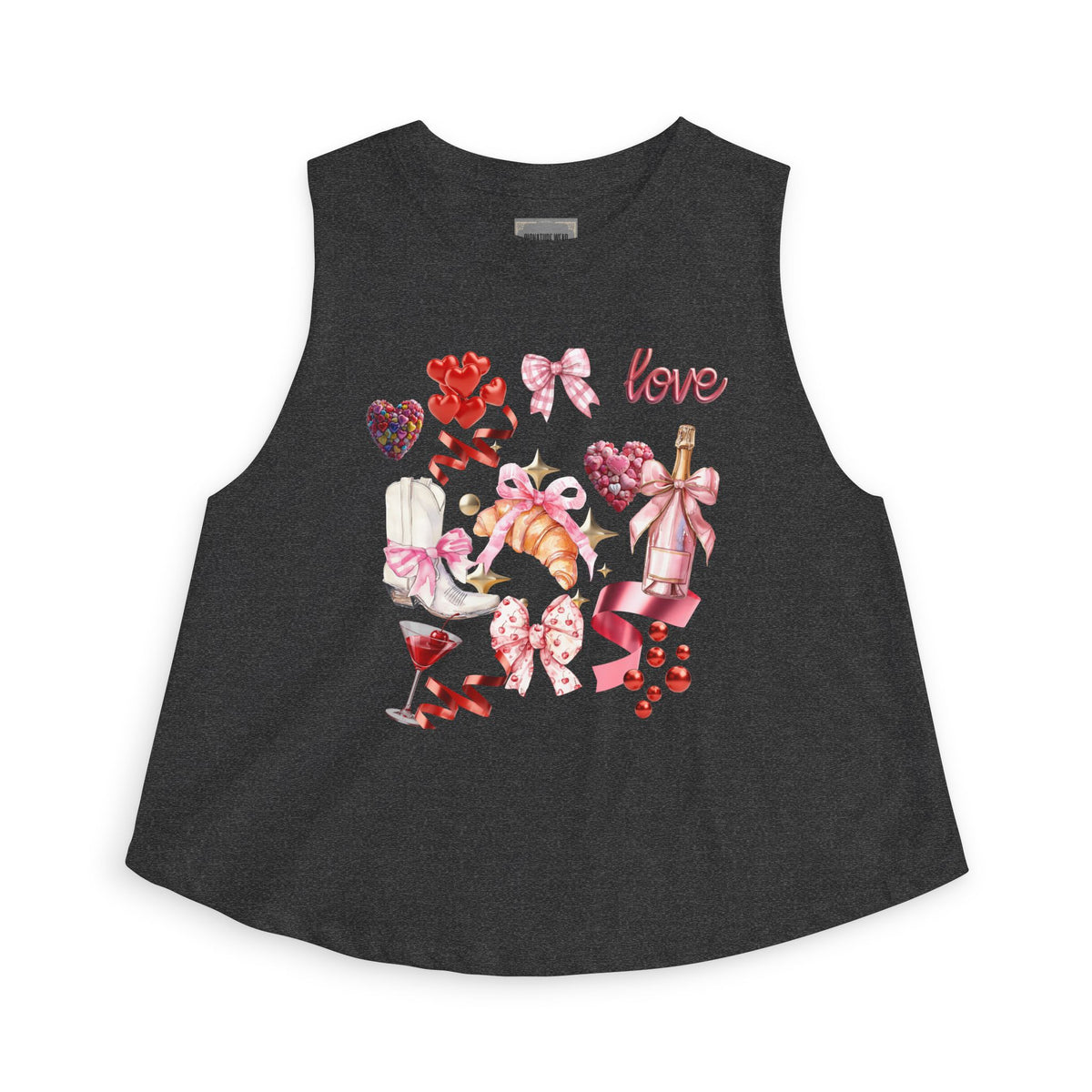 Valentine's Love Collage Crop Top — Women's Romantic Heart & Champagne Graphic