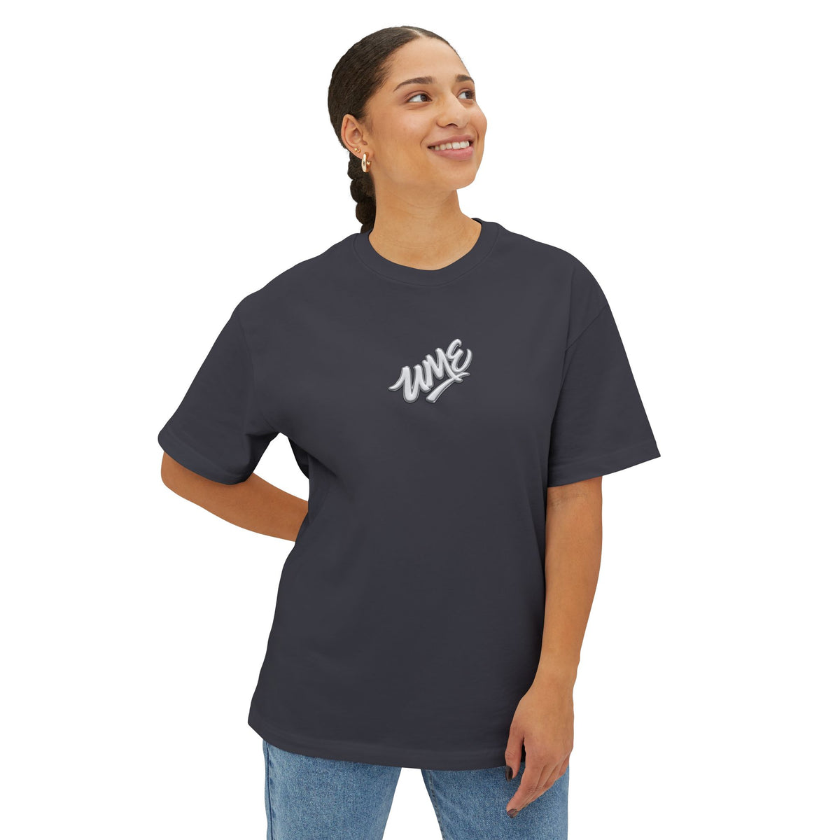 UME Script Logo Boxy Tee — White Oversized Graphic T-Shirt