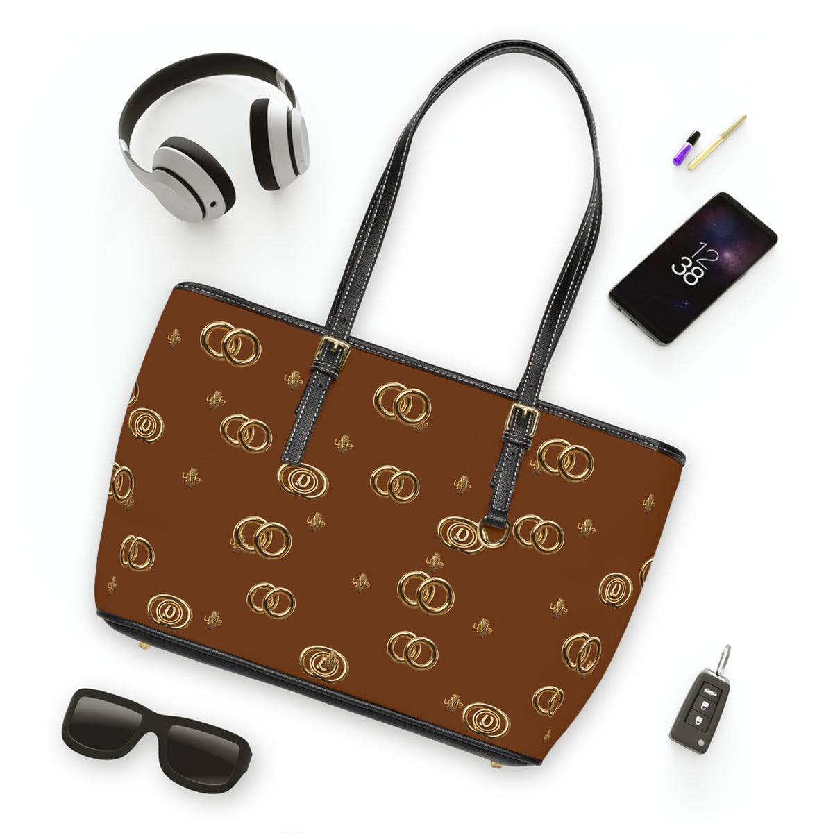 PU Leather Shoulder Bag — Dark Orange Gold Emblem Tote