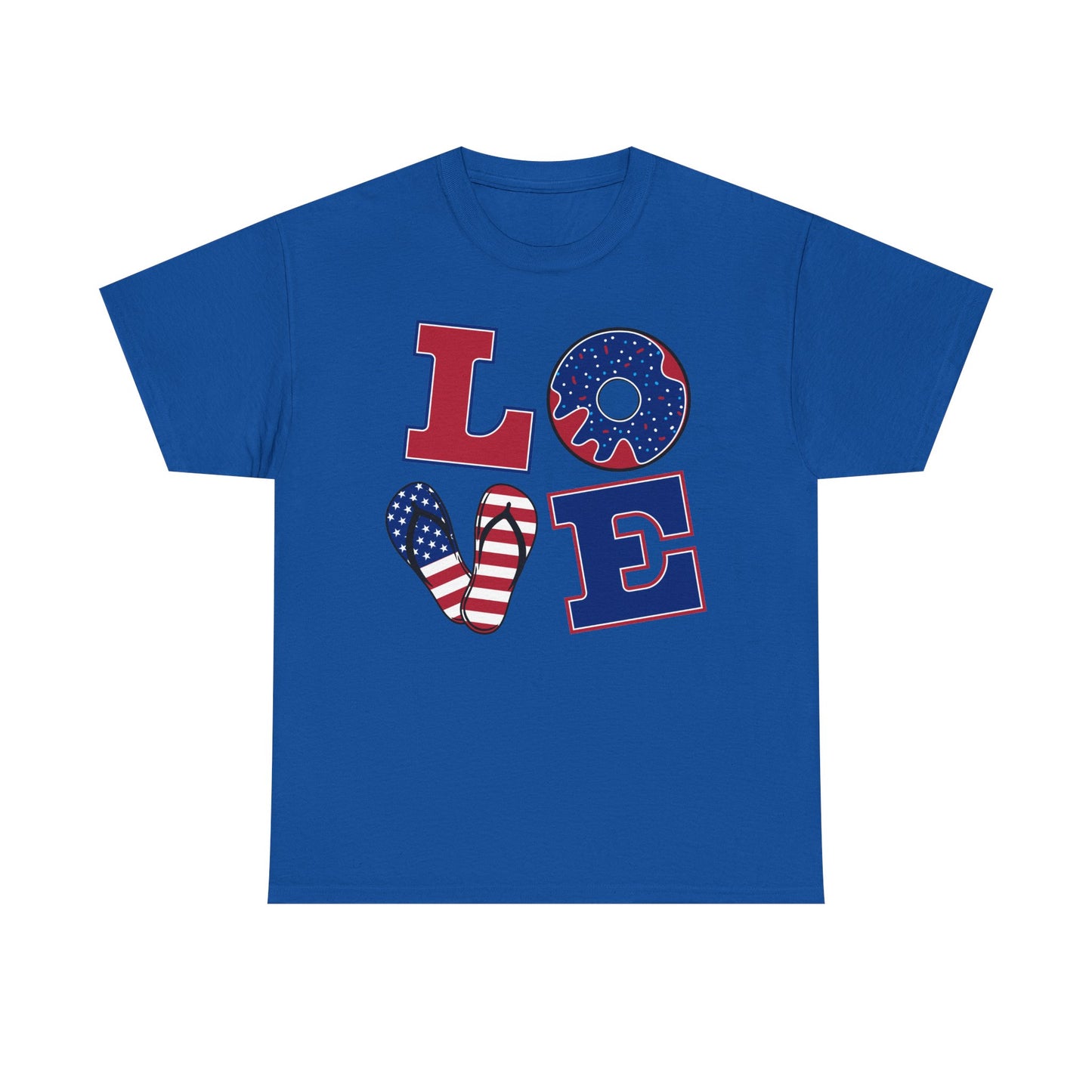 Patriotic "LOVE" Tee – American Flag Donut Heart 4th of July Shirt