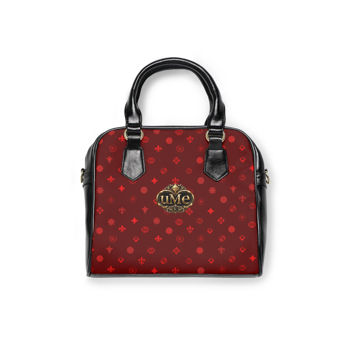 Red UME Monogram Shoulder Handbag — All-Over Print with Gold Crest