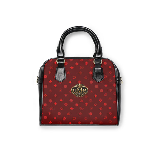 Red UME Monogram Shoulder Handbag — All-Over Print with Gold Crest
