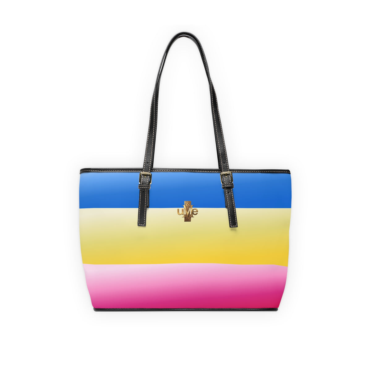 Colorblock Shoulder Bag — Black PU Leather Tote with Blue Yellow Pink Stripes