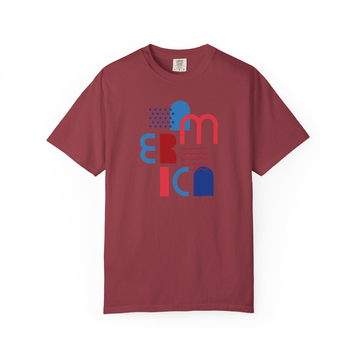T-Shirt — Abstract 'America' Graphic Tee (Red & Blue Geometric Design)