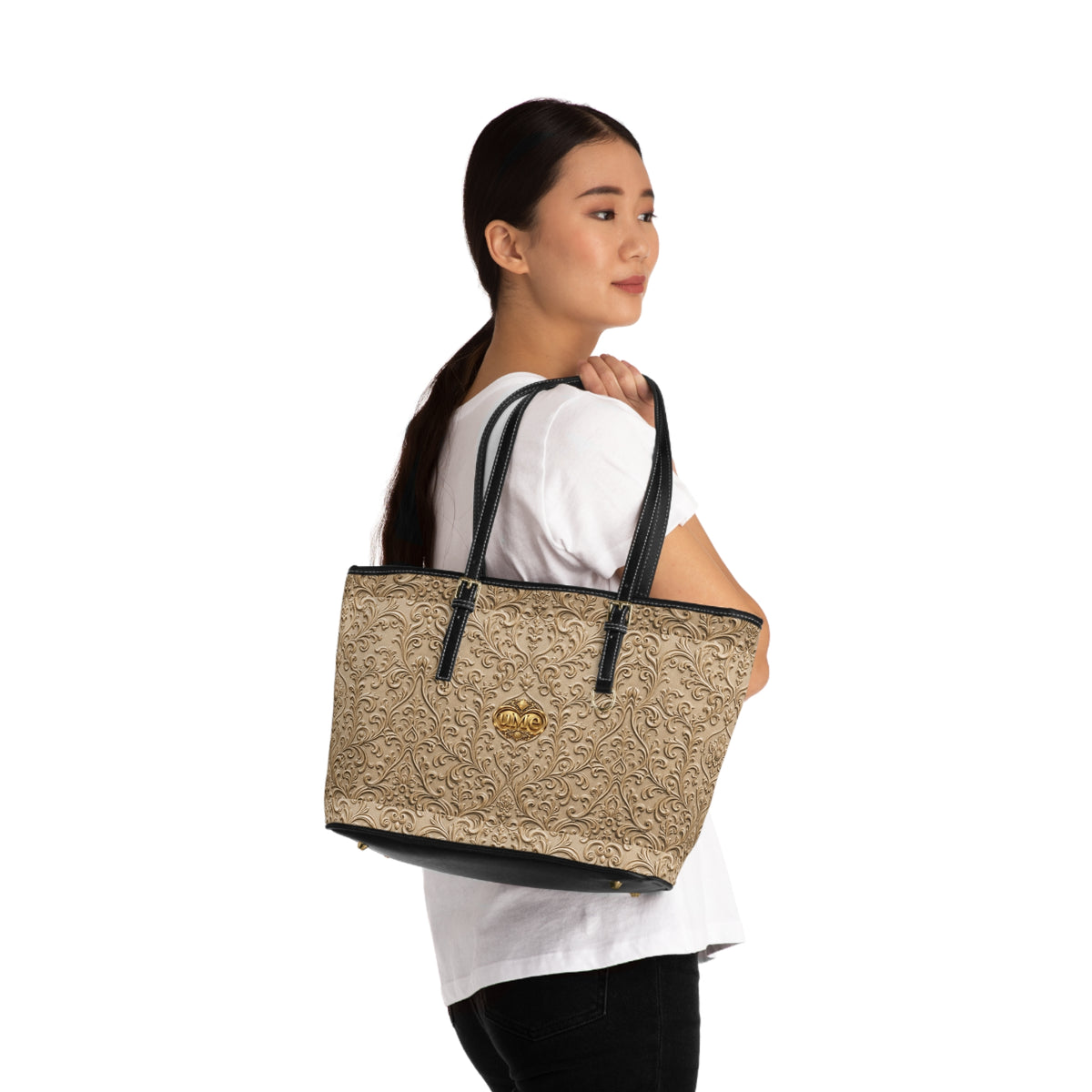 Beige UME Gold Crest Shoulder Tote — PU Faux Leather Scroll Print