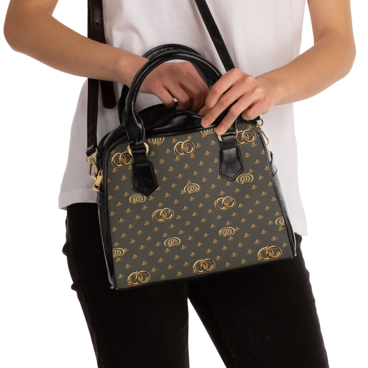 Vintage Monogram Shoulder Handbag — Grey & Gold Patterned Purse