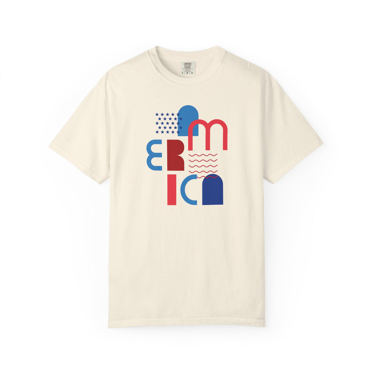 T-Shirt — Abstract 'America' Graphic Tee (Red & Blue Geometric Design)