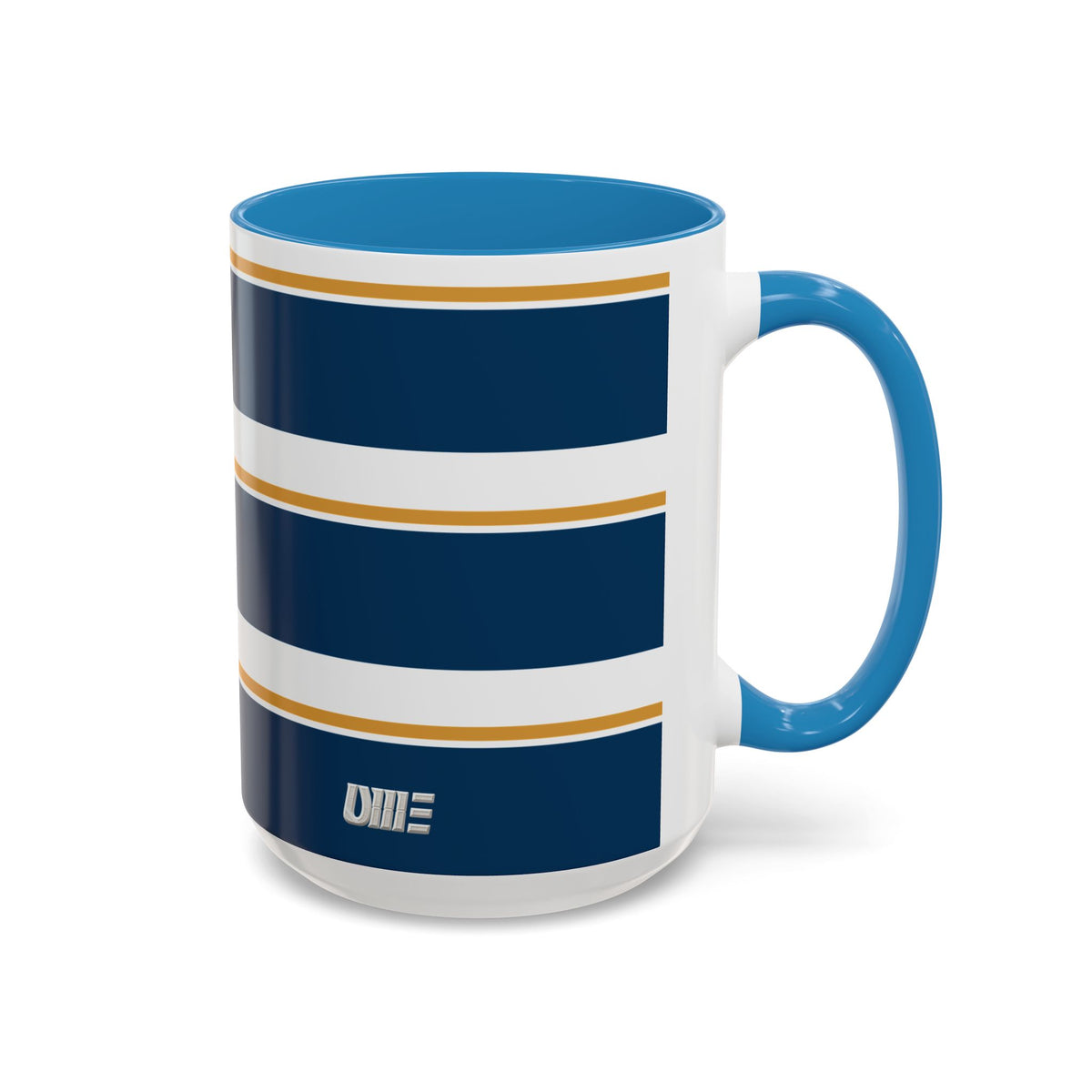 Navy and Gold Striped Accent Mug — White Ceramic
