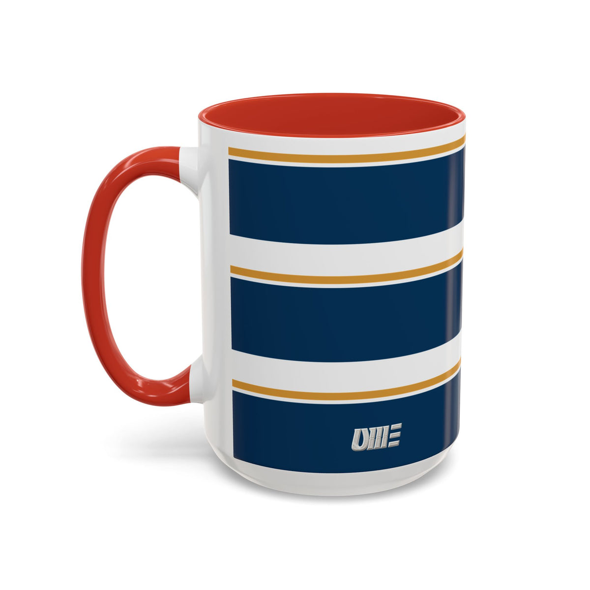 Navy and Gold Striped Accent Mug — White Ceramic