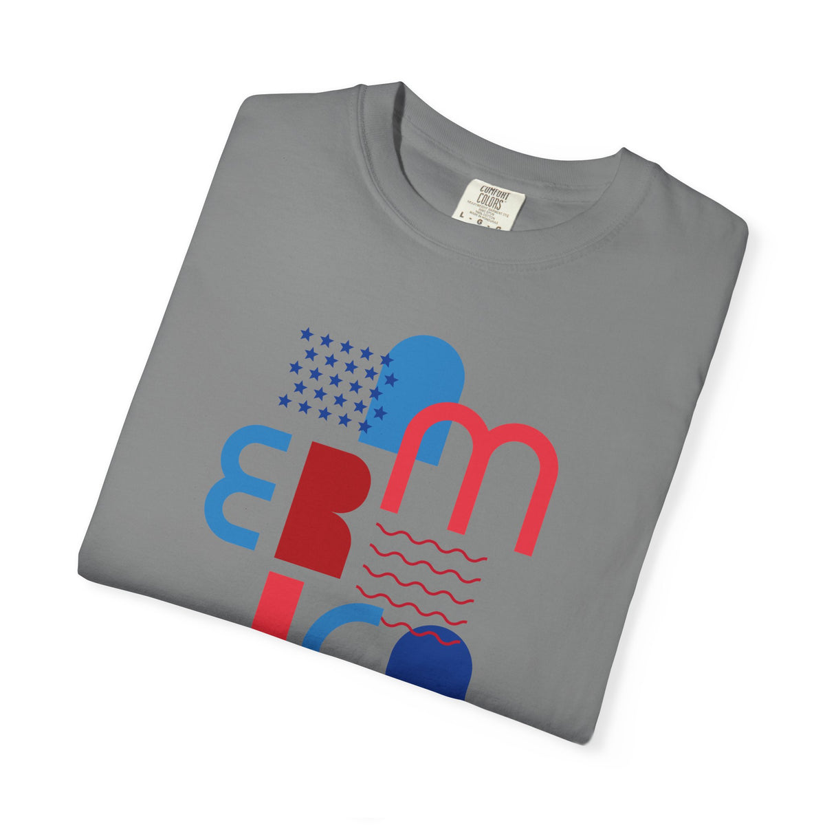 T-Shirt — Abstract 'America' Graphic Tee (Red & Blue Geometric Design)