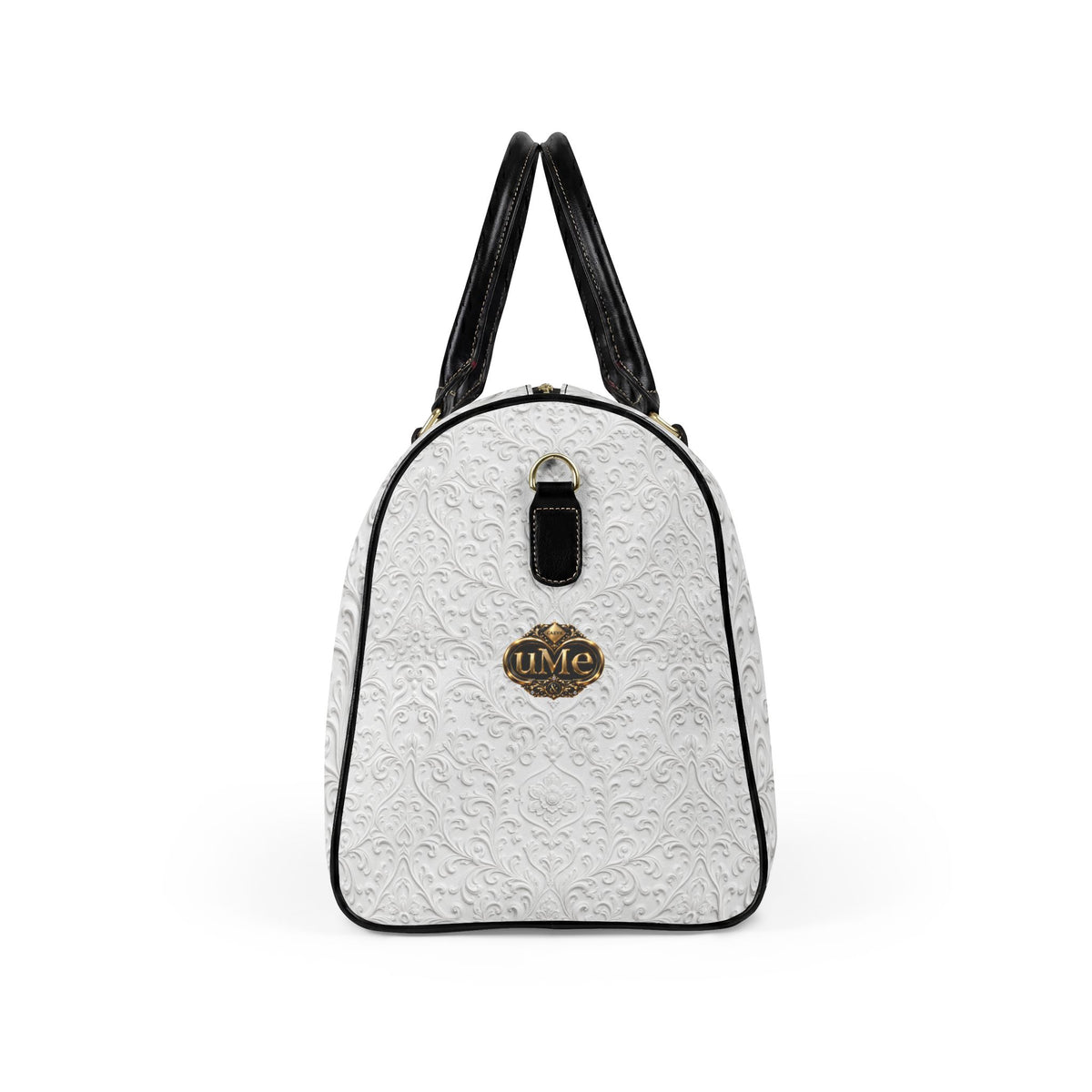 White Faux Leather Travel Bag — 'uMe' Gold Crest Weekender