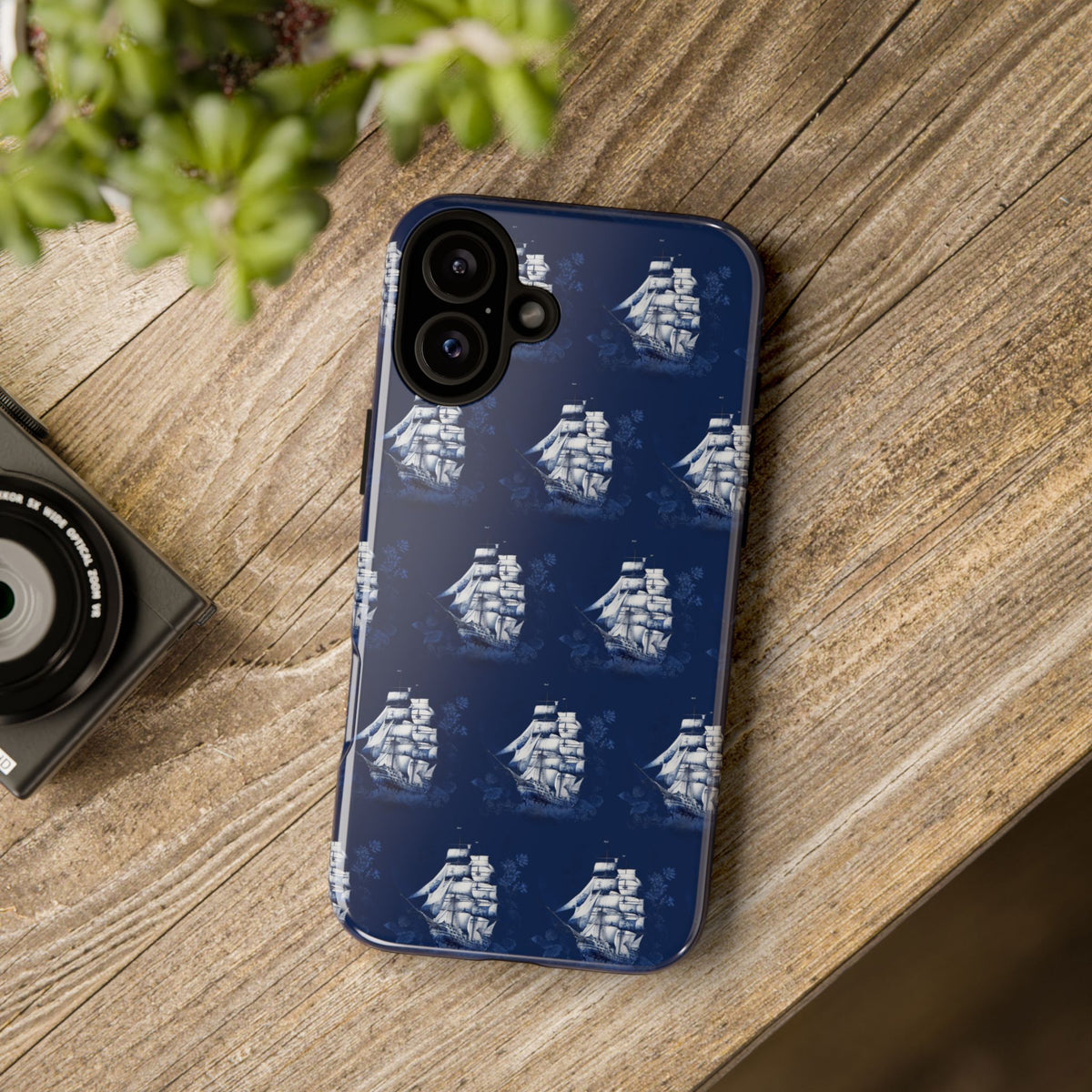Navy Sailing Ship Phone Case — Navy Blue Vintage Nautical All-Over Print