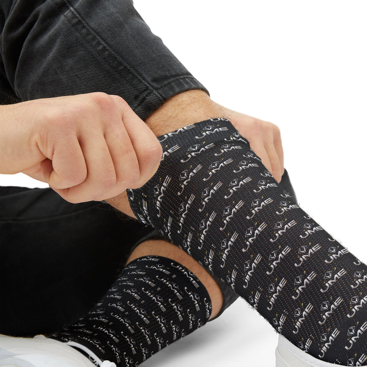 UME Monochrome Crew Socks — Black All-Over Sublimation Print