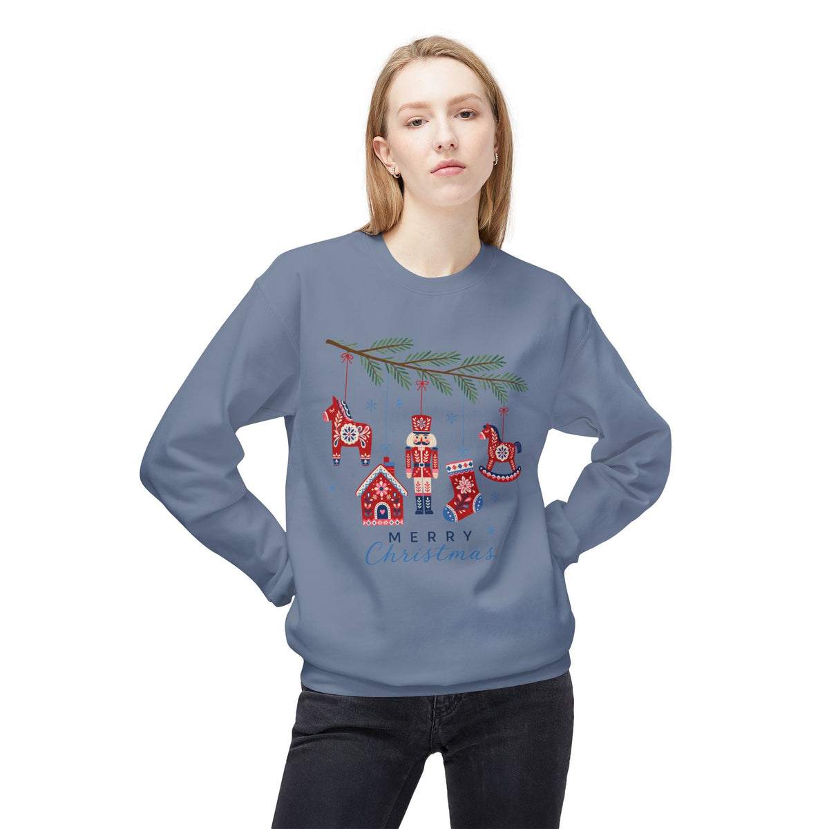 Merry Christmas Scandinavian Folk Art Crewneck Sweatshirt — White, Red & More