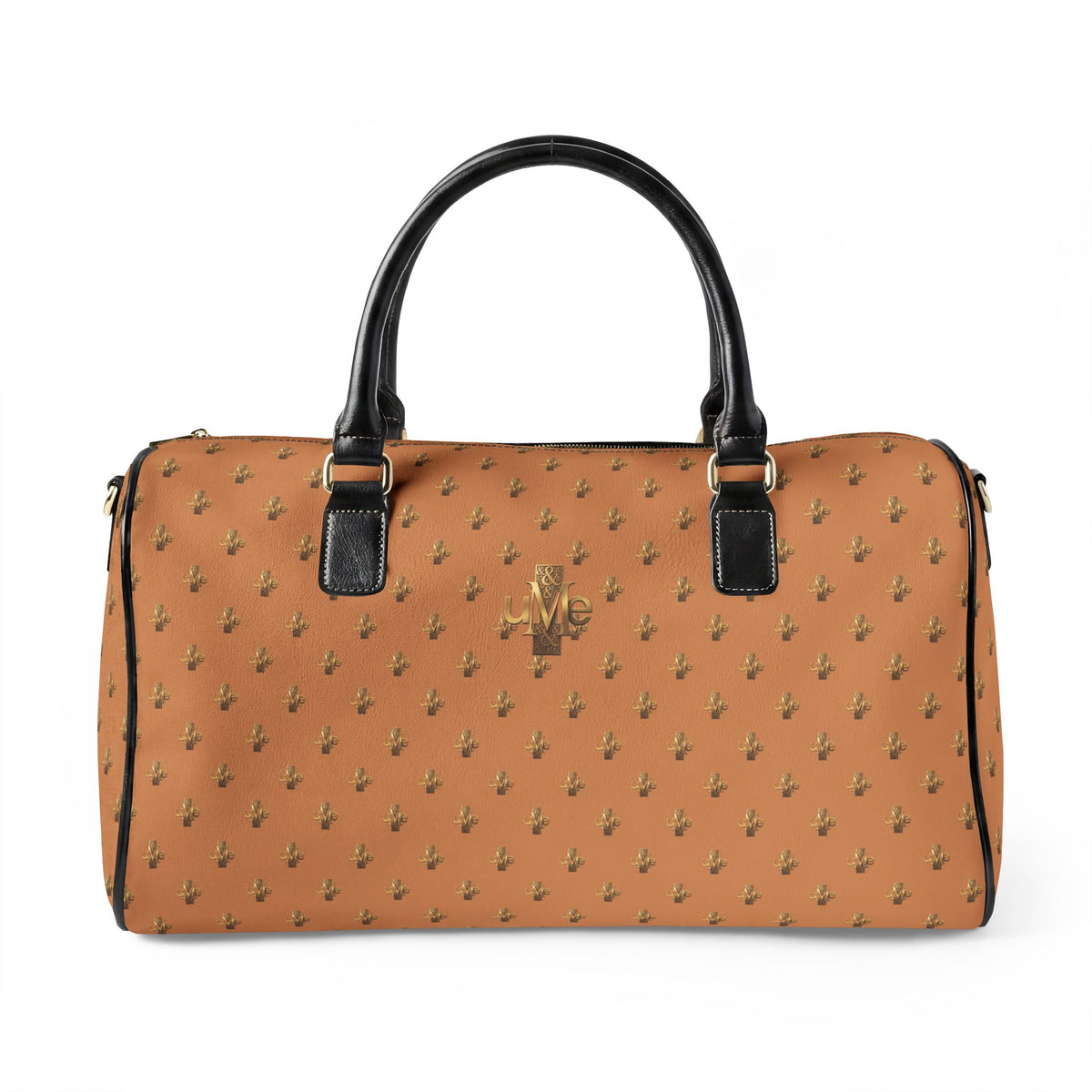 Monogram Faux Leather Travel Bag — Classic Camel & Gold Tiny Palm Print Weekender