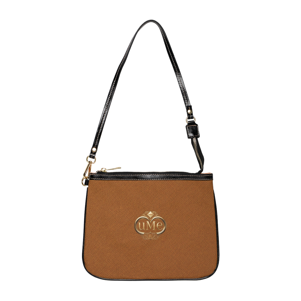 Brown Leatherette Small Shoulder Bag — Minimalist Shoulder Purse with Gold Emblem