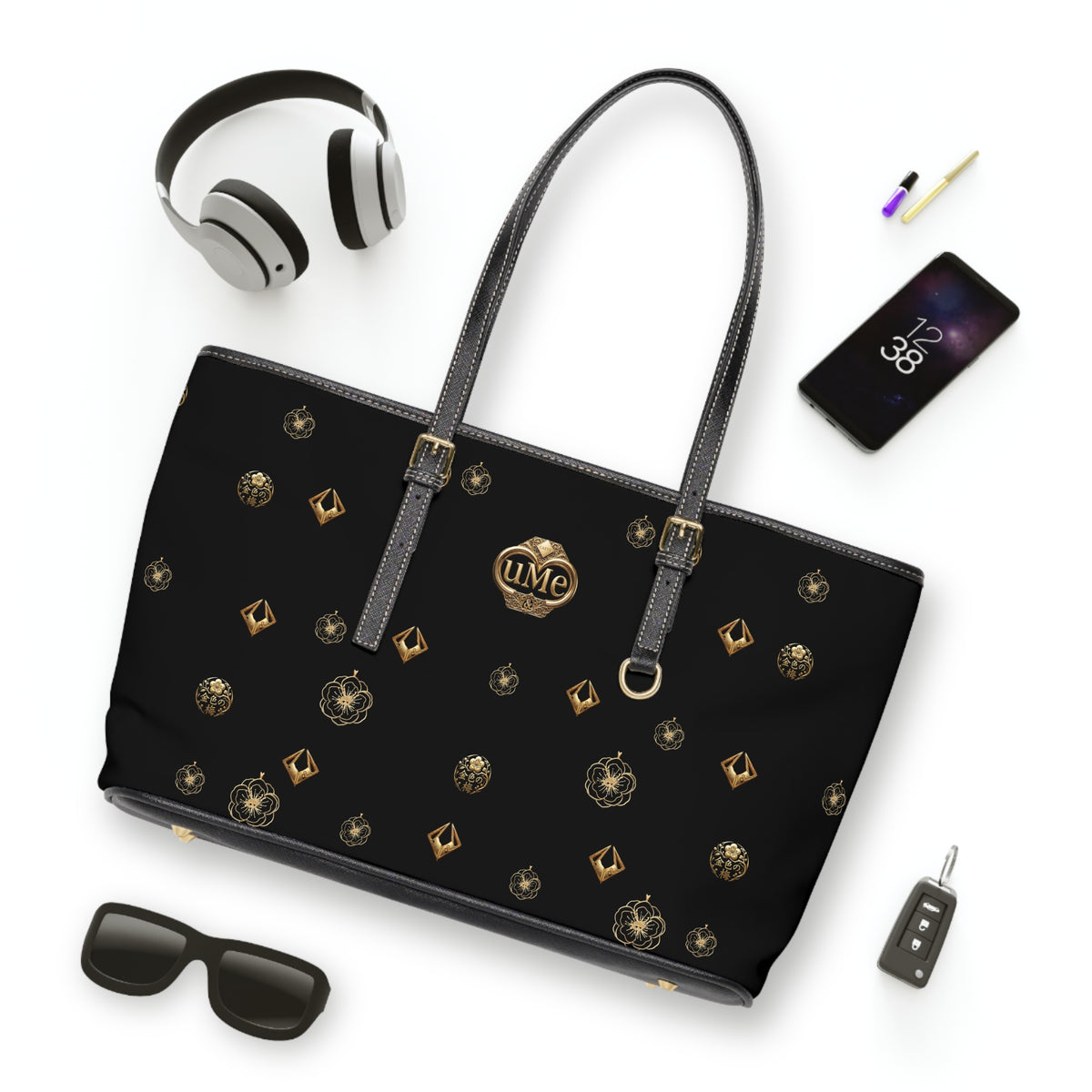 Monogrammed Black PU Shoulder Bag — Gold uMe Pattern Tote for Everyday Use