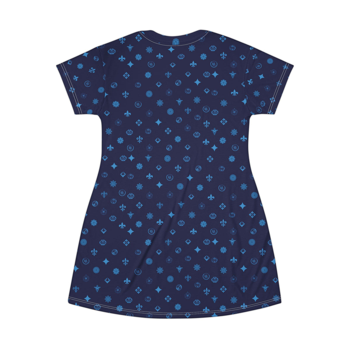 T-Shirt Dress — Navy Blue Ornamental Motif All-Over Print