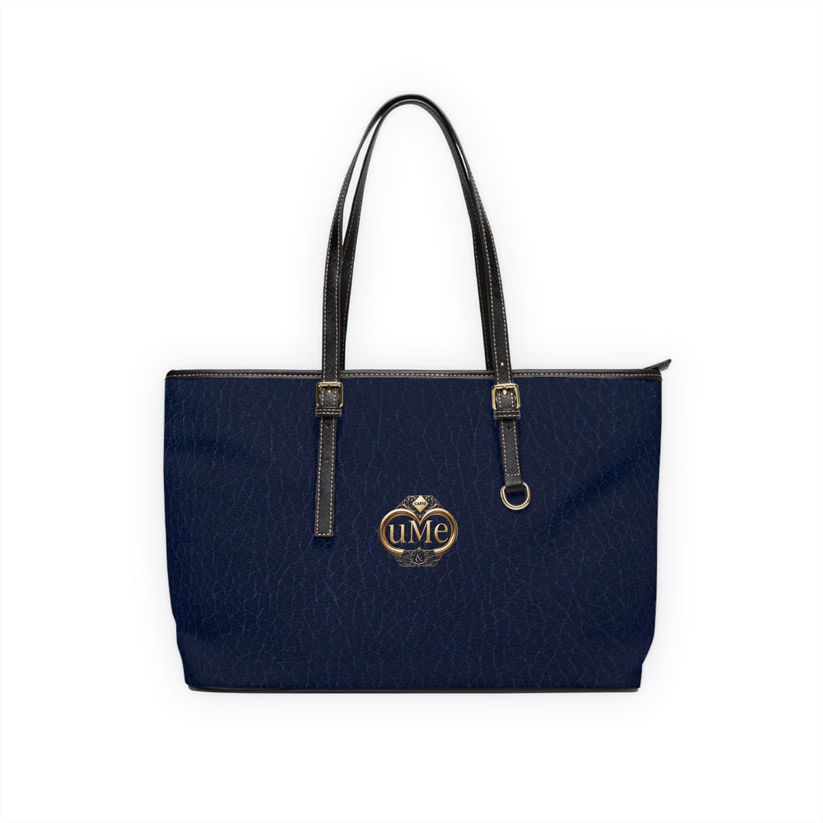 Navy PU Leather Shoulder Bag with Gold Crest Accent