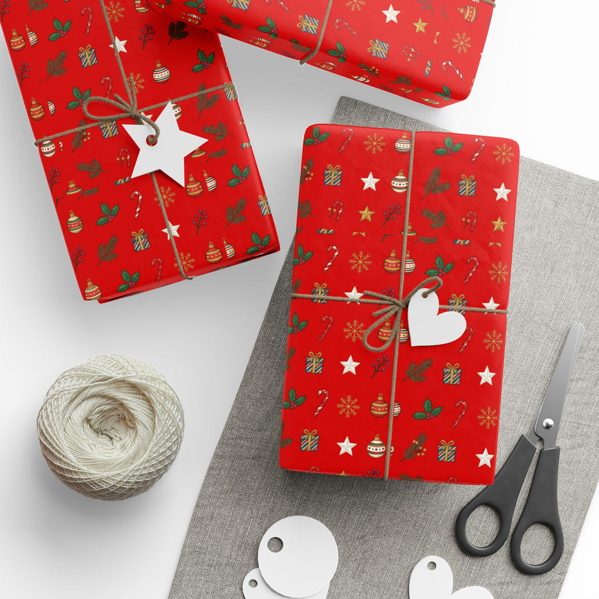 Christmas Wrapping Paper Roll — Red Holiday Ornaments Pattern