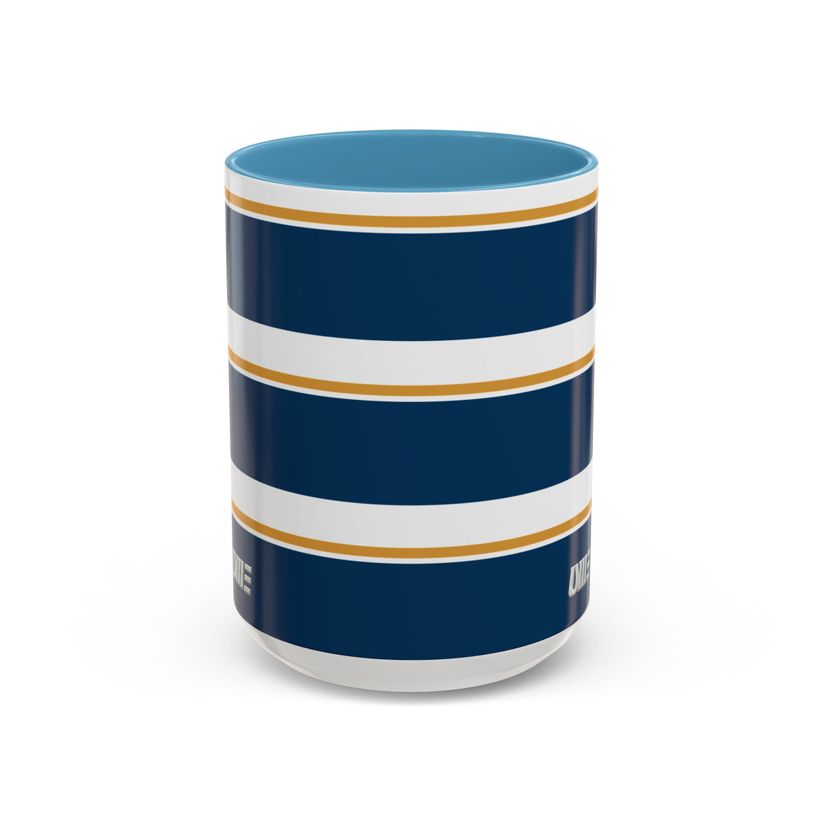 Navy and Gold Striped Accent Mug — White Ceramic