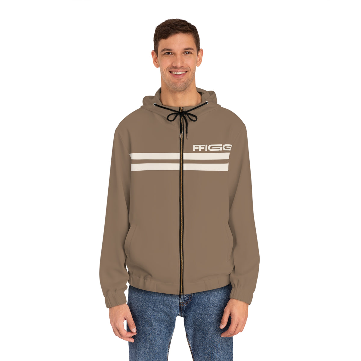 FFiGG Striped Full-Zip Hoodie — Taupe All-Over Print