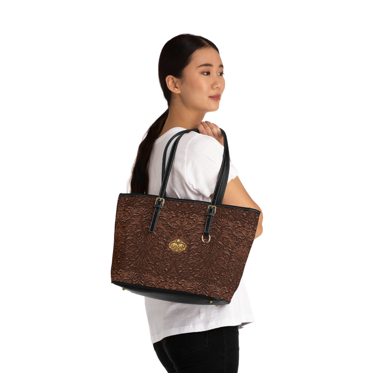 Chestnut Brown UME Shoulder Tote — PU Faux Leather Gold Crest Scroll Print