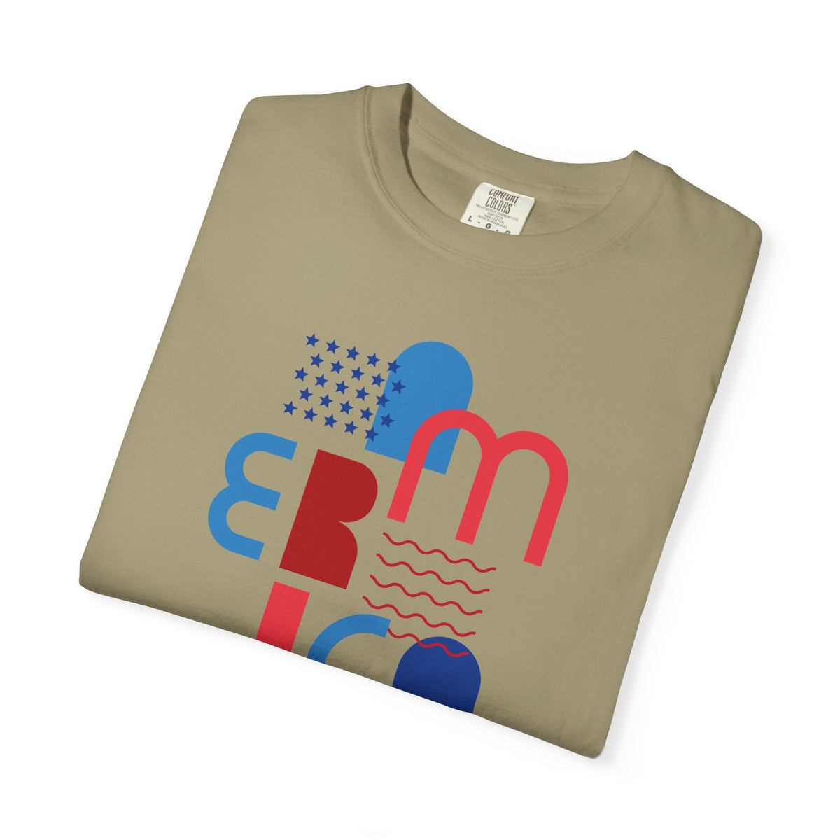 T-Shirt — Abstract 'America' Graphic Tee (Red & Blue Geometric Design)