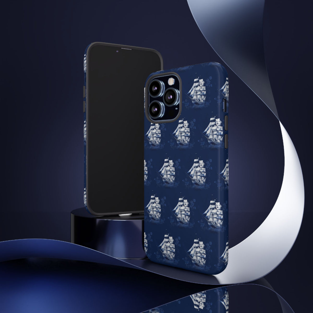 Navy Sailing Ship Phone Case — Navy Blue Vintage Nautical All-Over Print