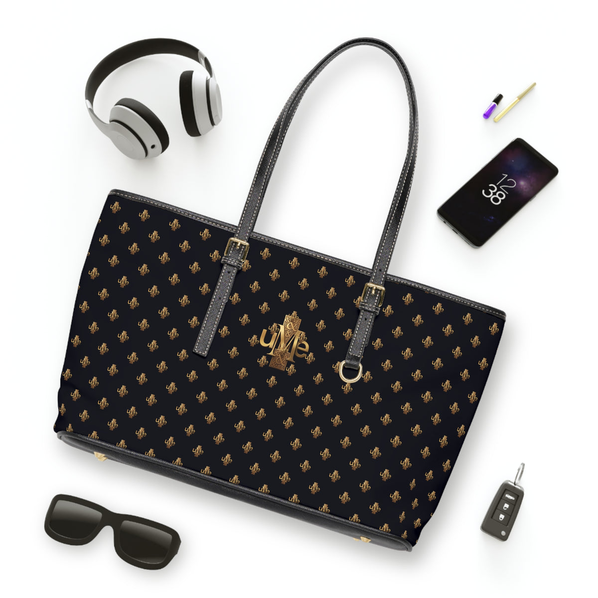 Black PU Leather Shoulder Tote — Gold uMe Cross Logo Handbag