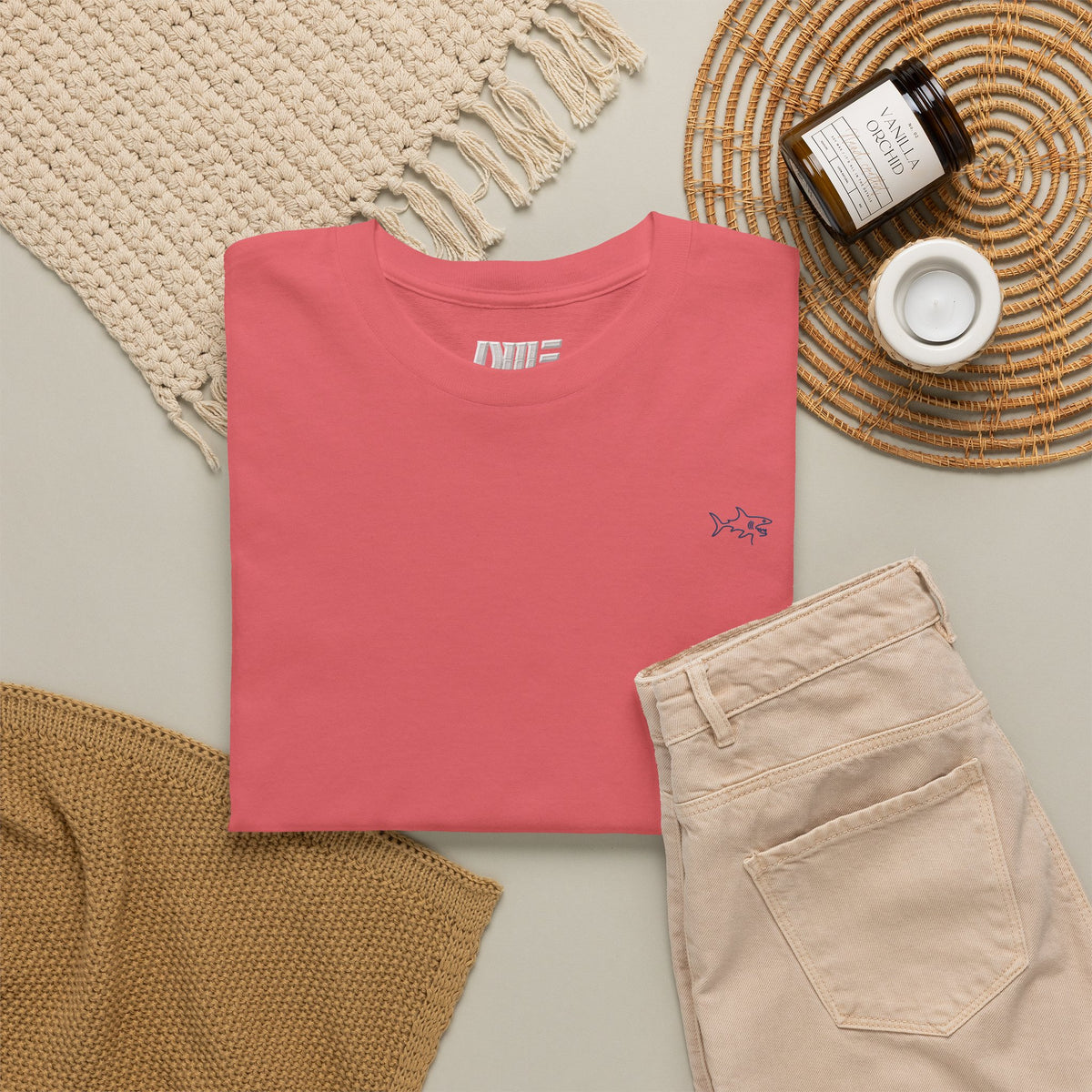 Minimalist string design Fish Tee — Small Chest Fish & Back 'OWE' Graphic