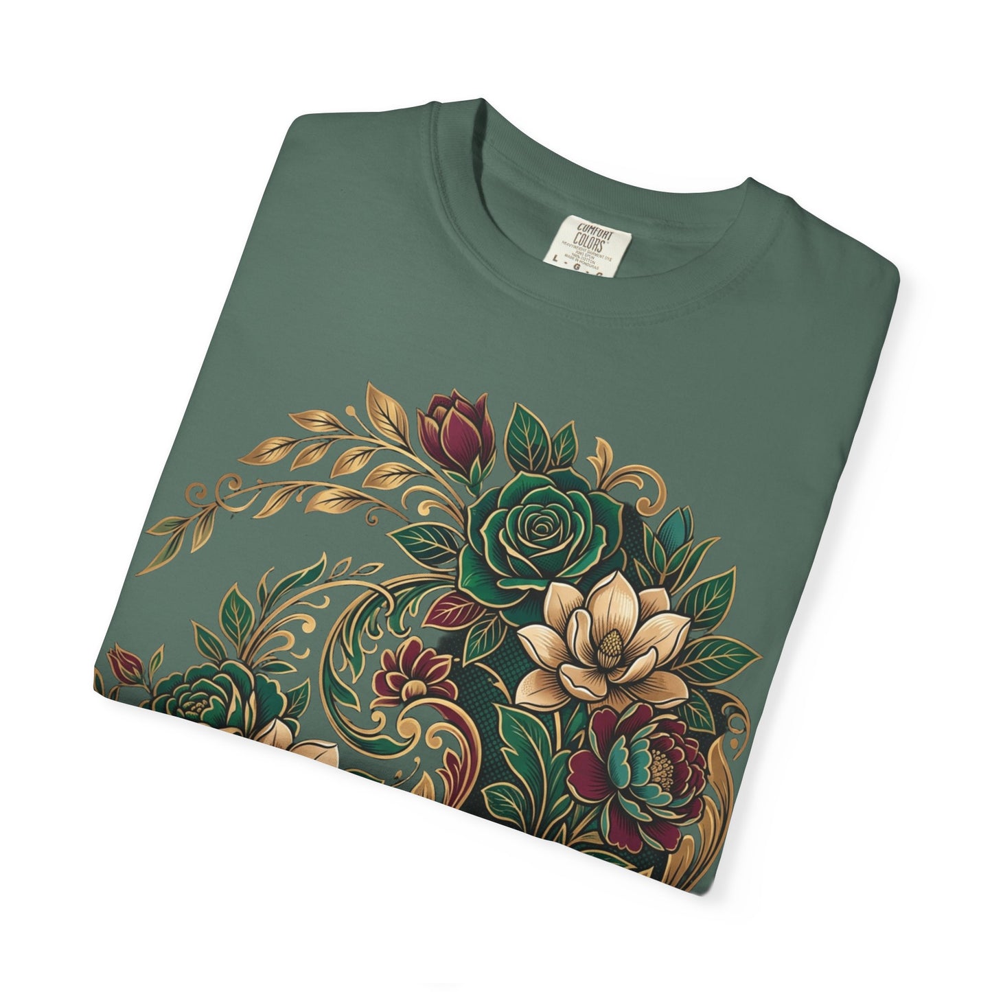 Floral Yin Yang T-Shirt — Vintage Green & Gold Rose Graphic Tee