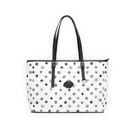 Monogrammed PU Leather Shoulder Bag — White Luxe Pattern Tote