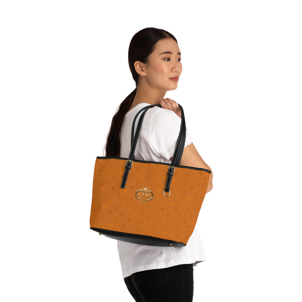 UME PU Leather Shoulder Bag — Cognac Monogram All-Over Print Tote