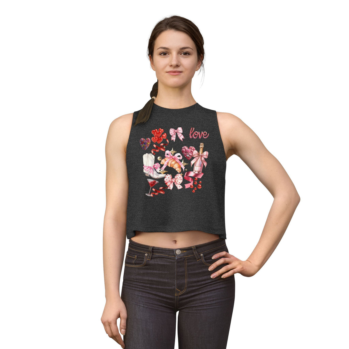 Valentine's Love Collage Crop Top — Women's Romantic Heart & Champagne Graphic