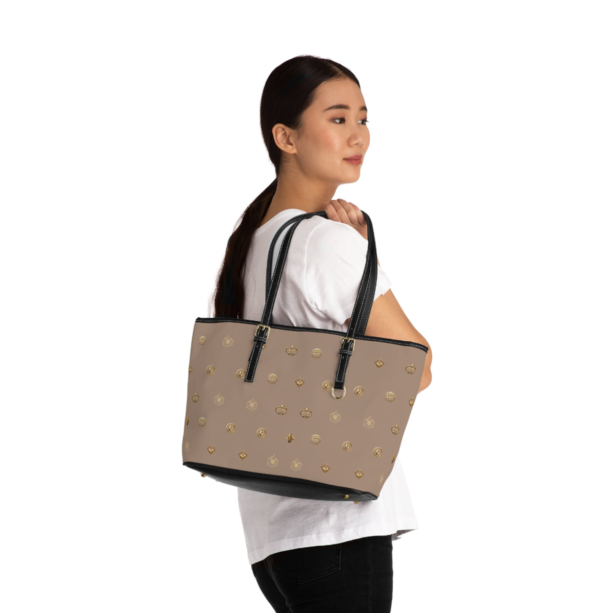 Taupe Monogram PU Leather Shoulder Bag — Gold Emblem Print Luxe Tote