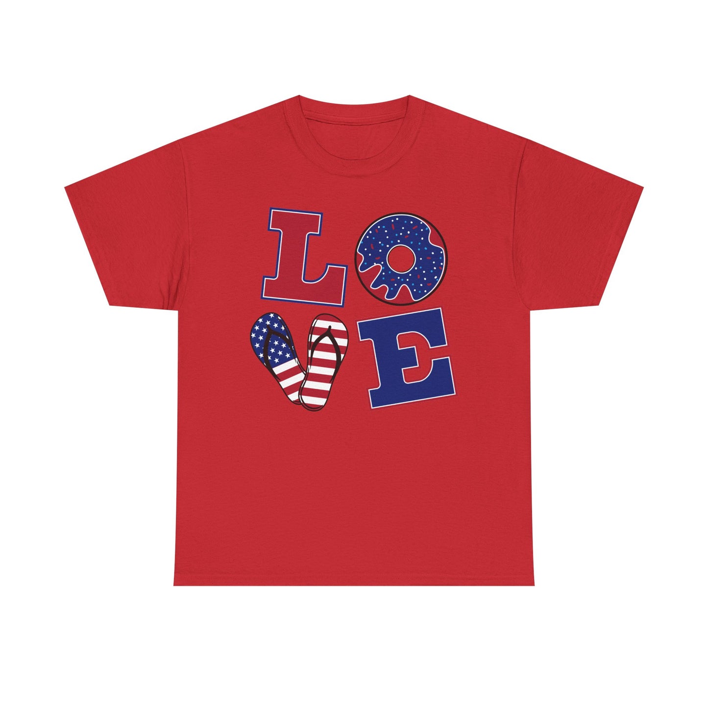 Patriotic "LOVE" Tee – American Flag Donut Heart 4th of July Shirt