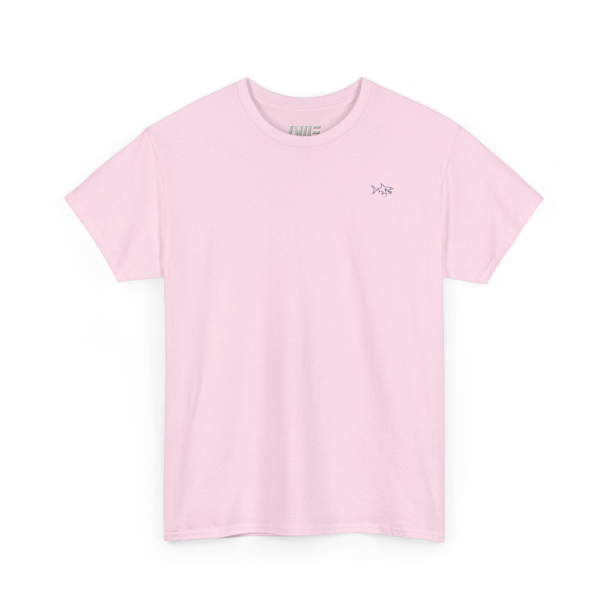 Minimalist string design Fish Tee — Small Chest Fish & Back 'OWE' Graphic