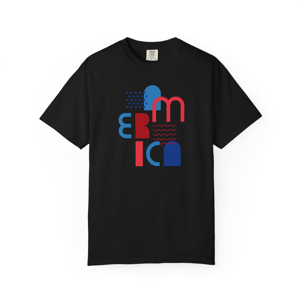 T-Shirt — Abstract 'America' Graphic Tee (Red & Blue Geometric Design)