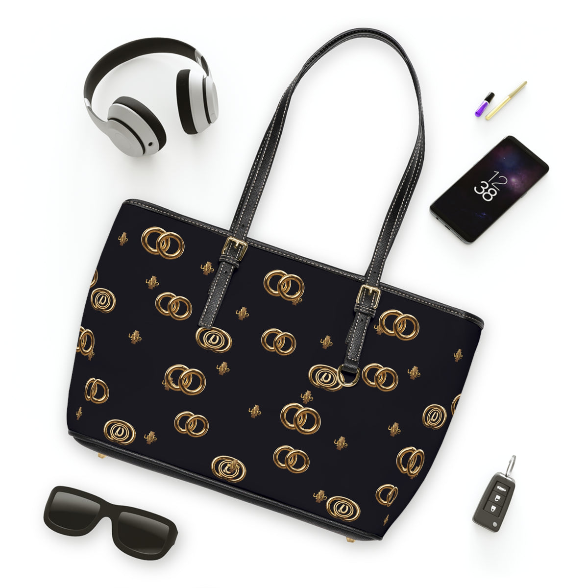 PU Leather Shoulder Bag — Black Gold Emblem Tote