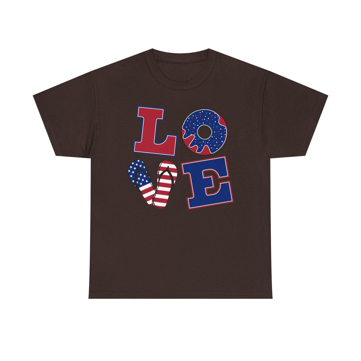 Patriotic "LOVE" Tee – American Flag Donut Heart 4th of July Shirt
