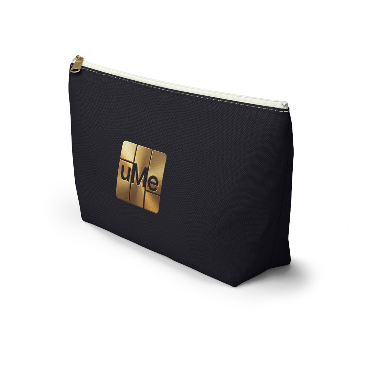Gold uMe Logo Accessory Pouch — Black T‑Bottom Makeup & Travel Organizer